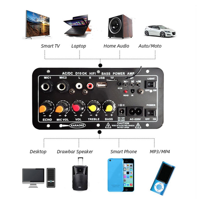Bảng khuếch đại âm thanh Bluetooth 400W Subwoofer Dàn karaoke gia đình Mô-đun khuếch đại micro kép 8-12 inch 12/24V/220V