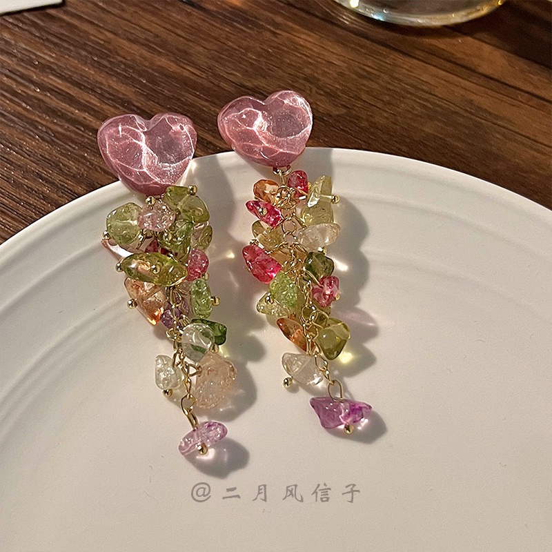 Khuyên Tai Chuỗi Trái Tim Đính Hạt Tua Rua