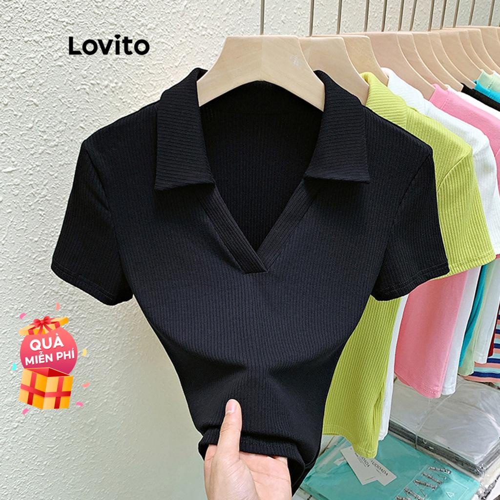 Áo thun Lovito cổ polo chữ V tay ngắn màu trơn cơ bản cho nữ LNE02179 (màu đen)