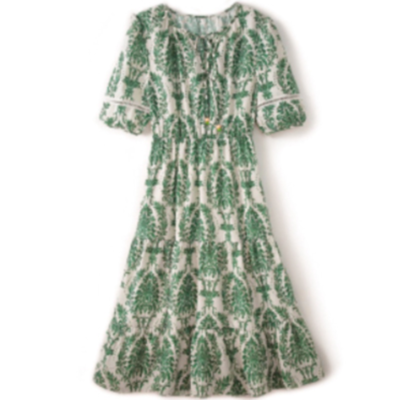 Đầm Cotton Cổ Tròn Lưng Thun In Họa Tiết Thổ Cẩm Cổ Điển Đa Năng Cho Nữ