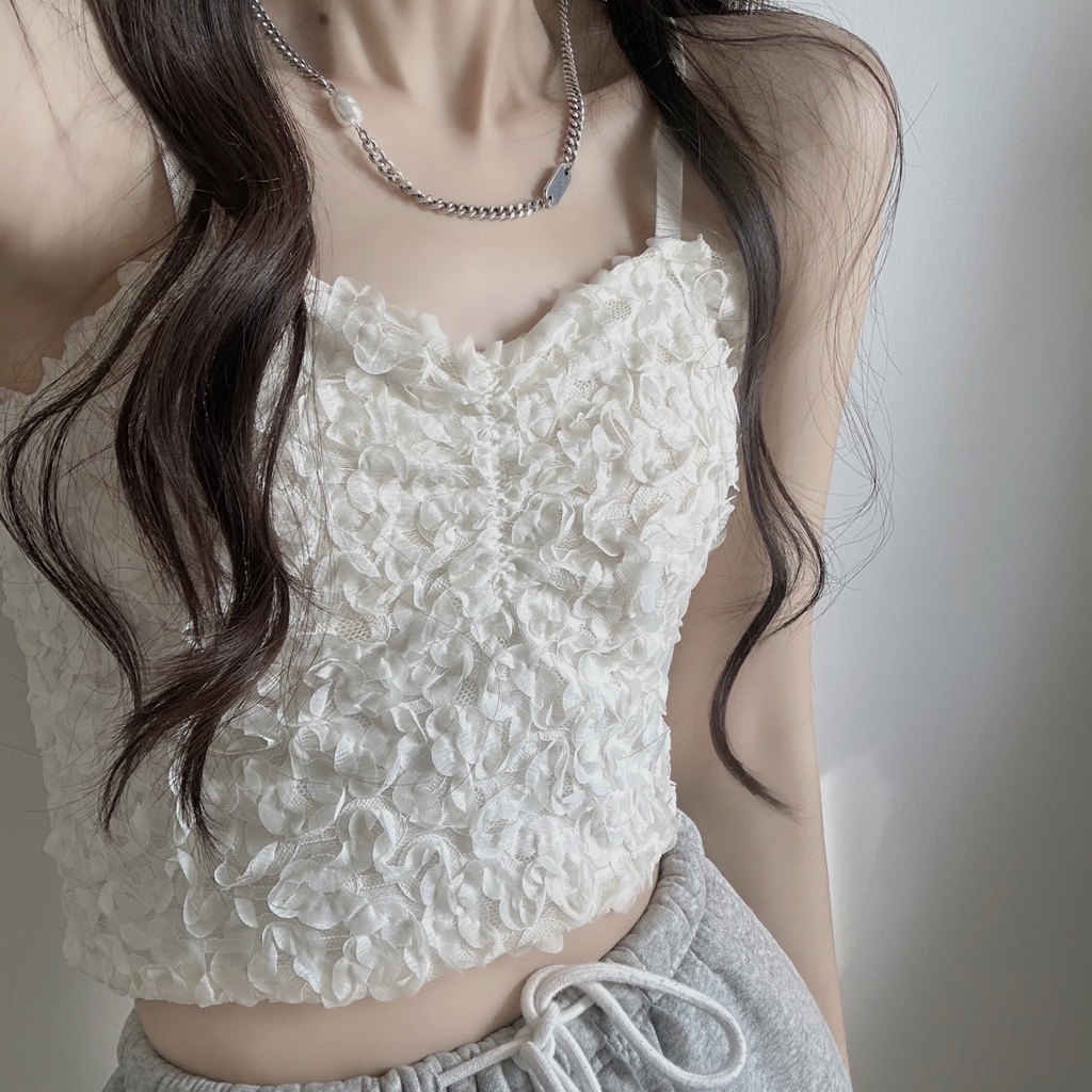 Suxi Áo Tank Top Hai Dây Màu Trơn Họa Tiết Hoa Có Đệm Ngực Cho Nữ