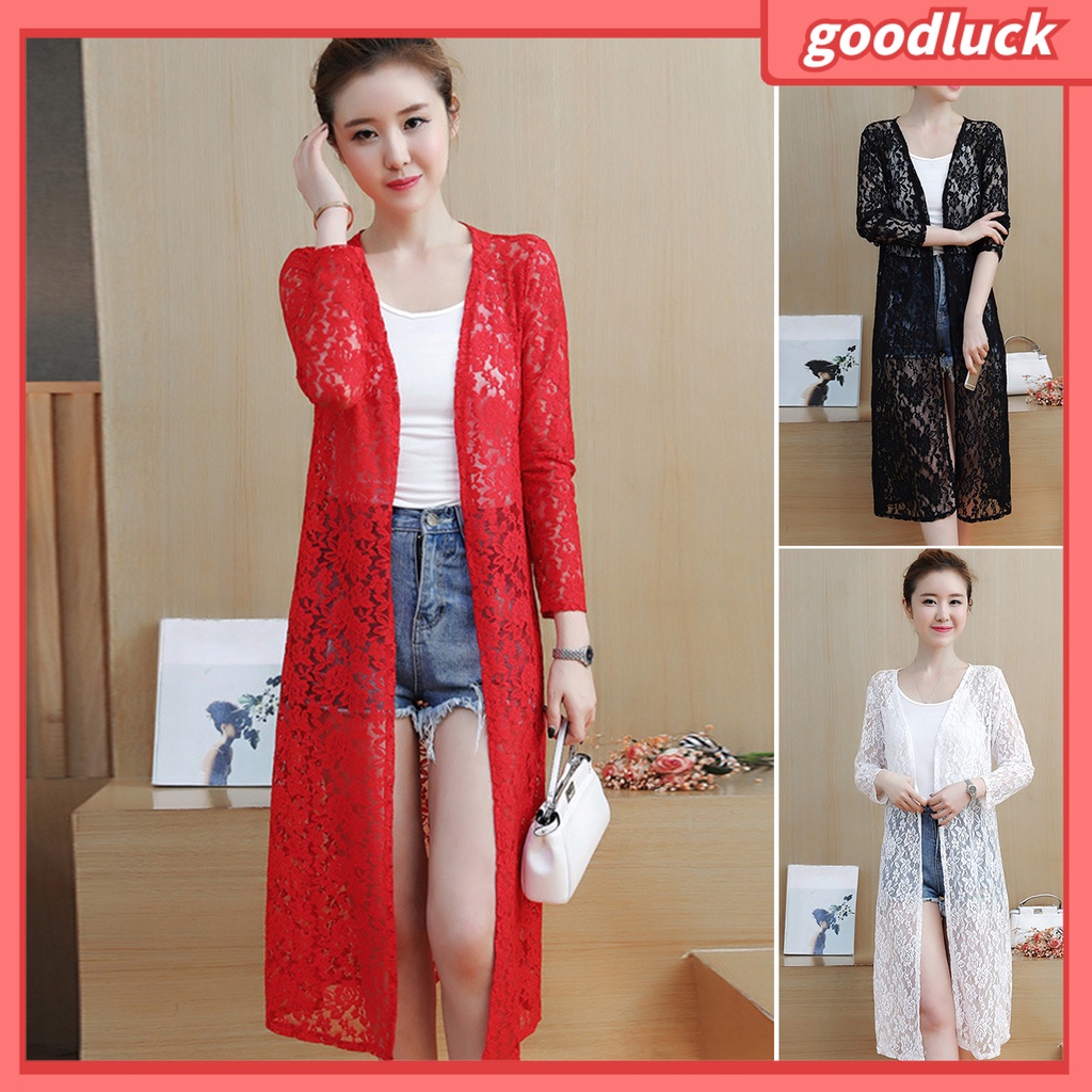 [ULK] Áo Khoác Cardigan Dạng Lưới Phối Ren Mỏng Tay Dài Màu Trơn Thêu Họa Tiết Chống Nắng Mặc Thường Ngày Dành Cho Bạn Nữ
