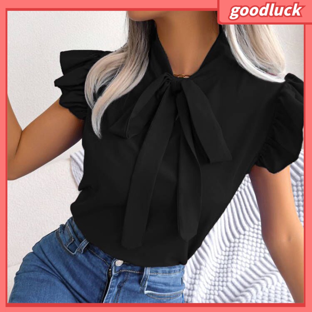 [ULK] Áo Sơ Mi Tay Ngắn Cổ Đứng Màu Trơn Trang Trọng Thắt Nơ Viền Bèo Thời Trang Mùa Hè Cho Nữ