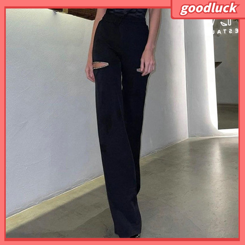 [ULK] Quần Dài Ống Loe Rách Lưng Thun Thấp Thời Trang Đường Phố Mùa Thu Cho Nữ