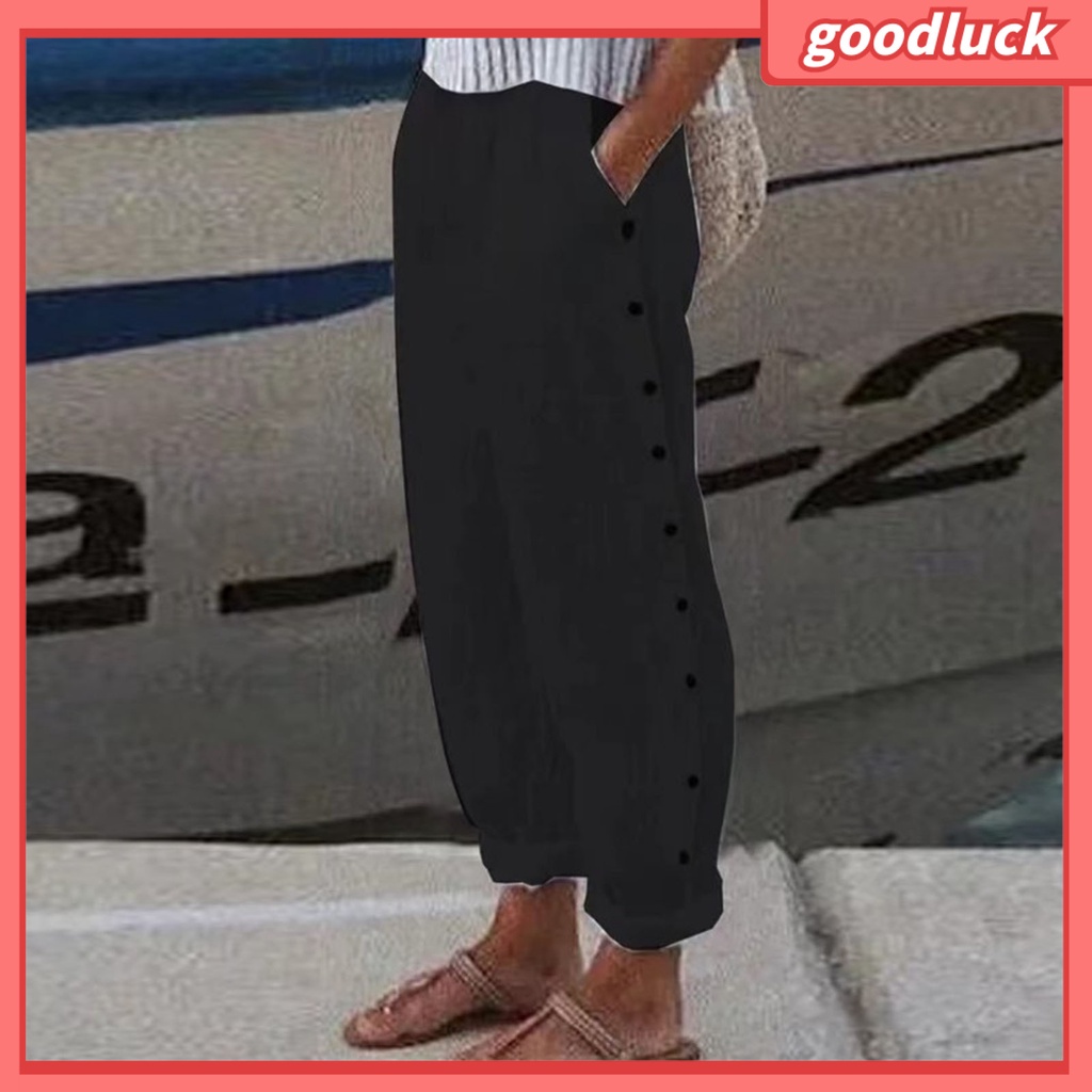 [ULK] Quần Dài Dáng Rộng Lưng Thun Màu Trơn Có Hai Túi Cài Nút Trang Trí Mặc Hàng Ngày Đơn Giản Cho Nữ