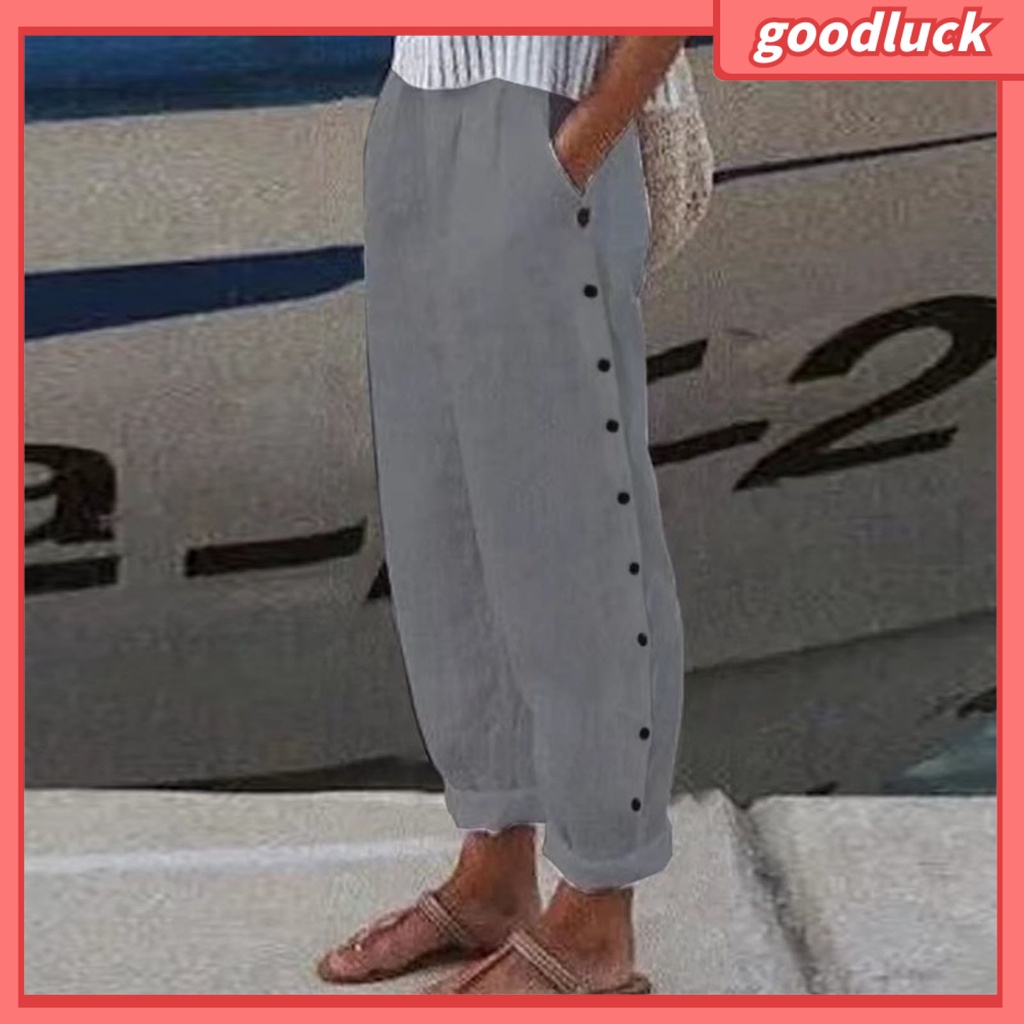 [ULK] Quần Dài Dáng Rộng Lưng Thun Màu Trơn Có Hai Túi Cài Nút Trang Trí Mặc Hàng Ngày Đơn Giản Cho Nữ