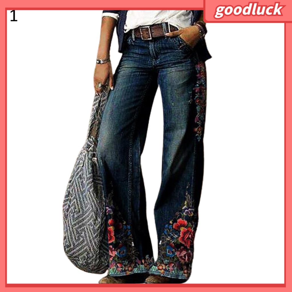 Quần Jean Dài Ống Rộng Lưng Cao In Họa Tiết Hoa Phong Cách Cổ Điển Thời Trang Cho Nữ
