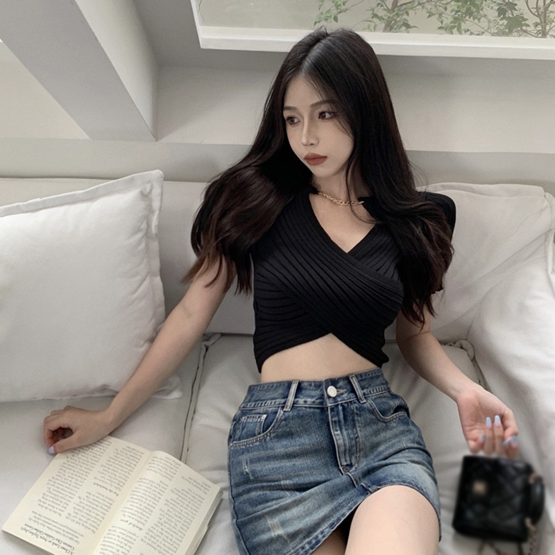 Áo Thun Dệt Kim Tay Ngắn Cổ Chữ V Dáng Ôm Thời Trang Dành Cho Nữ