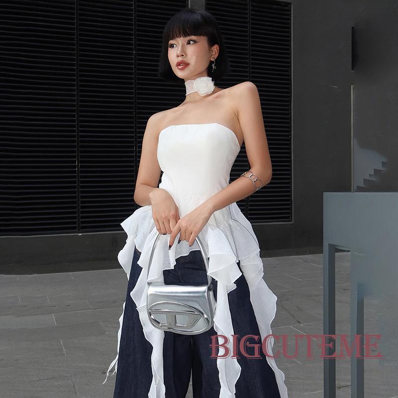 [] Áo Ống Nhún Bèo Hở Lưng Màu Trơn Thời Trang Mùa Hè Cho Nữ