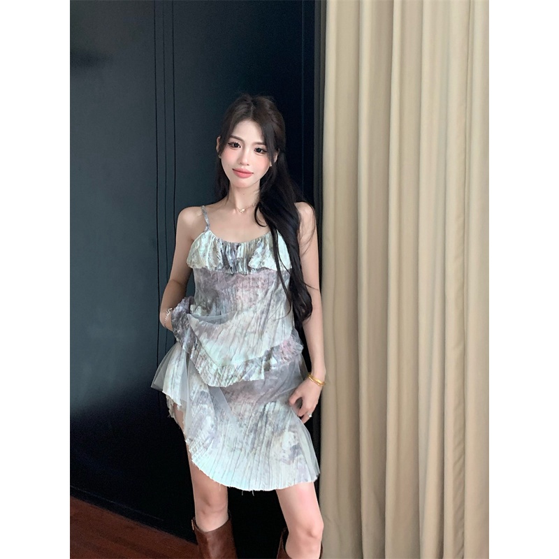 Đầm Lưới Mỏng Dáng Dài Viền Xếp Nếp Thiết Kế retro Trung Hoa Mới