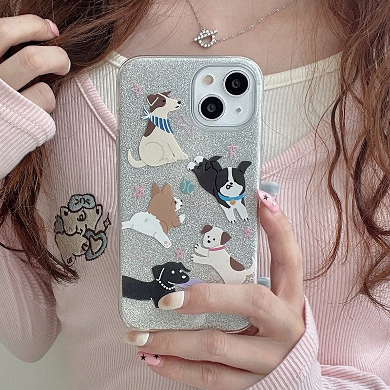 Ốp Điện Thoại TPU Dẻo Họa Tiết Chú Chó Lấp Lánh Màu Bạc Dễ Thương Cho iPhone14 / 13 / 12 / 11 / Pro / Max