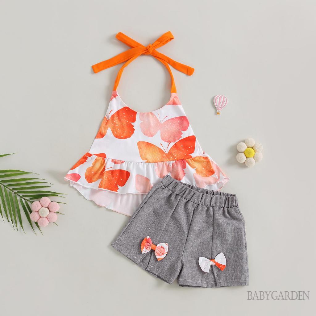 Bộ Áo Tank Top Không Tay + Quần Sooc Lưng Thun In Họa Tiết Hoa / Bướm Thời Trang Mùa Hè Cho Bé Gái 1-6 Tuổi