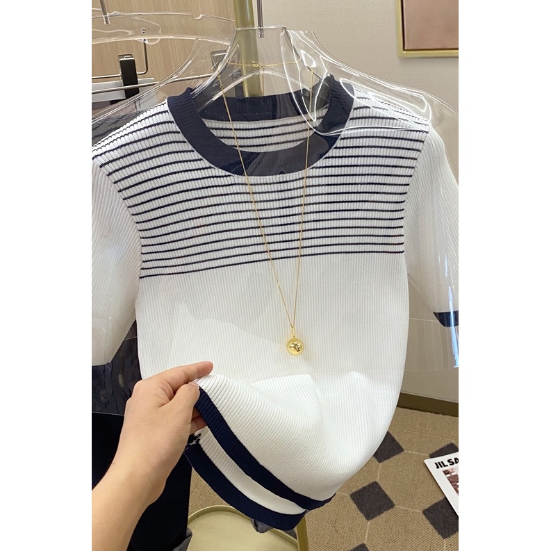 Áo Thun Tay Ngắn Cổ Tròn Họa Tiết Kẻ Sọc Thời Trang Mùa Hè Dễ Thương Cho Nữ