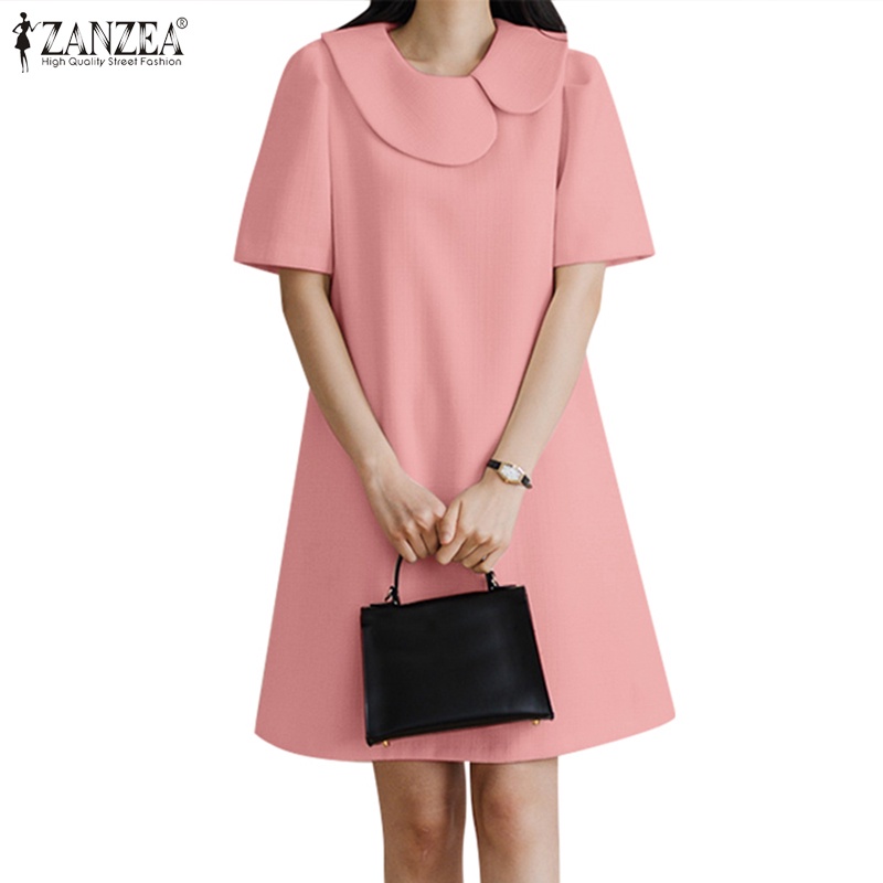 Đầm chữ A ZANZEA ngắn tay cổ tròn màu trơn phong cách Hàn Quốc cho nữ