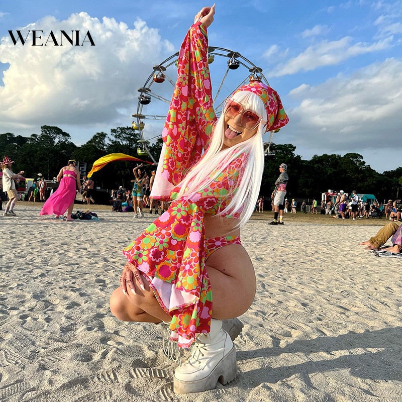 Bộ Bikini Hai Mảnh Lưng Cao Ống Loe In Hoa Phong Cách Retro Cho Nữ