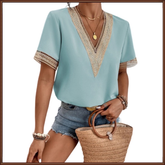 Áo Thun 100% Polyester 2023 Tay Ngắn Cổ Chữ V Phối Ren Dáng Rộng Cho Nữ