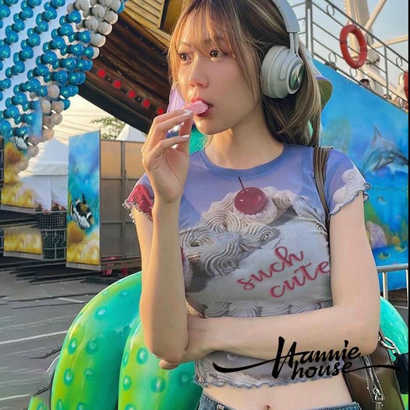 Hannie-áo Thun Lưới In Chữ Lettuce Trim Mùa Hè Cho Nữ