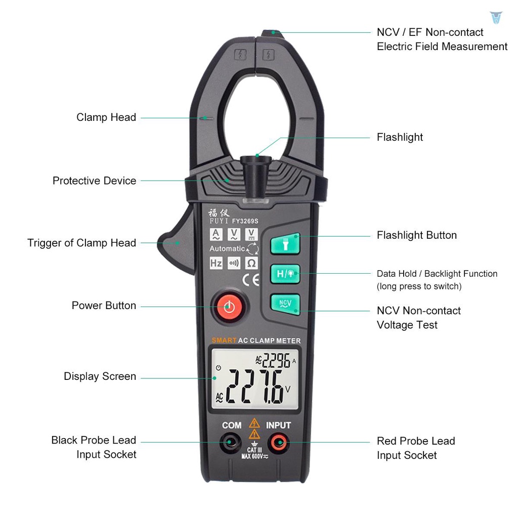 Kẹp Vạn Năng Kế Kỹ Thuật Số 6000 Đơn Vị Trí Màn Hình Hiển Thị RMS AC Màu Đen FY326