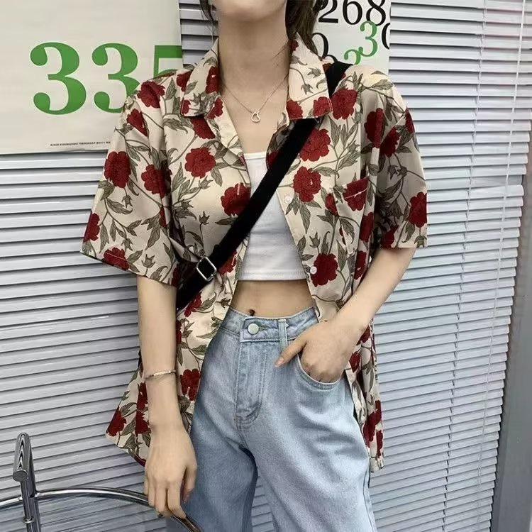 Áo Sơ Mi Tay Ngắn In Họa Tiết Hoa Hồng Phong Cách Nhật Bản Thời Trang Mùa Hè Cho Nữ