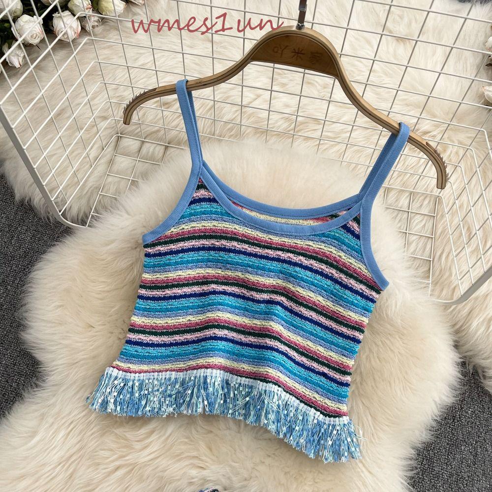 Áo Dệt Kim Mềm Mại Họa Tiết Hoa Phối Tua Rua Màu Cầu Vồng Kiểu Retro Hàn Quốc Thời Trang Mùa Hè WMES15H