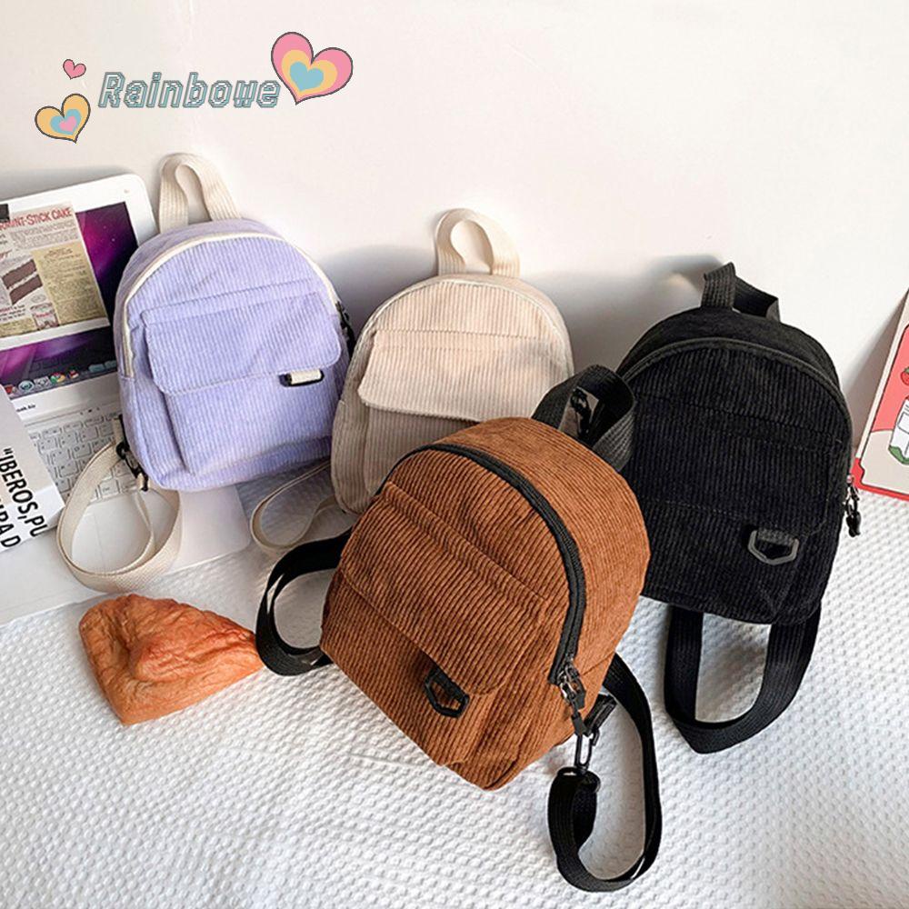 Ba Lô Du Lịch Mini Vải Nhung Kẻ Màu Cầu Vồng Đơn Giản Cho Nữ