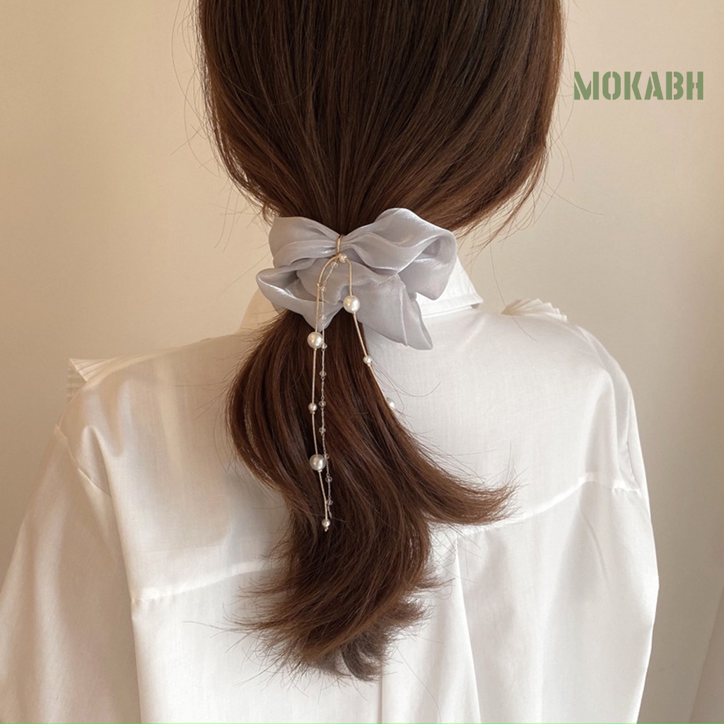 Dây Cột Tóc Satin Co Giãn Tốt Màu Trơn Đính Ngọc Trai Giả Xinh Xắn Cho Nữ