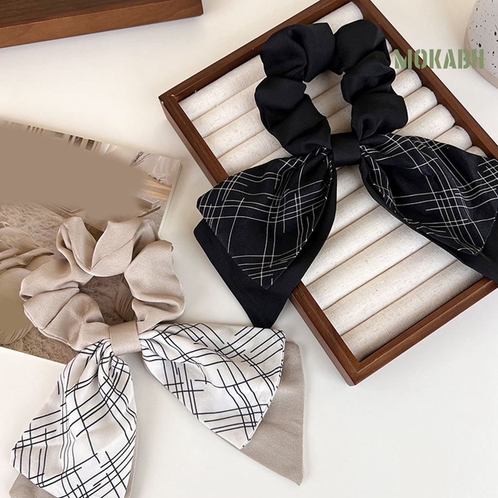 Dây Buộc Tóc Ruy Băng Thắt Nơ In Họa Tiết Kẻ Sọc Phong Cách Hàn Quốc