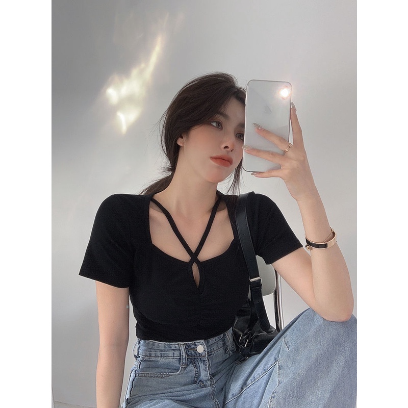 Áo Thun Tay Ngắn Cổ Vuông Dáng Ôm Thiết Kế Mới Thời Trang Mùa Hè Cho Nữ