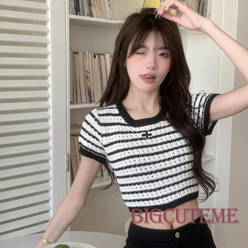 Áo Thun Dệt Kim Tay Ngắn Cổ Tròn Thêu Họa Tiết Kẻ Sọc Thời Trang Mùa Hè Cho Nữ