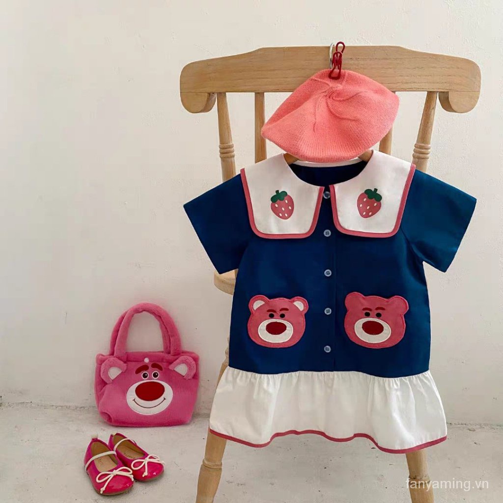 Đầm Tay Ngắn Chất Liệu Cotton Thời Trang Mùa Hè 2023 4AWD Họa Tiết Chú Gấu / Dâu Tây Dễ Thương Cho Bé