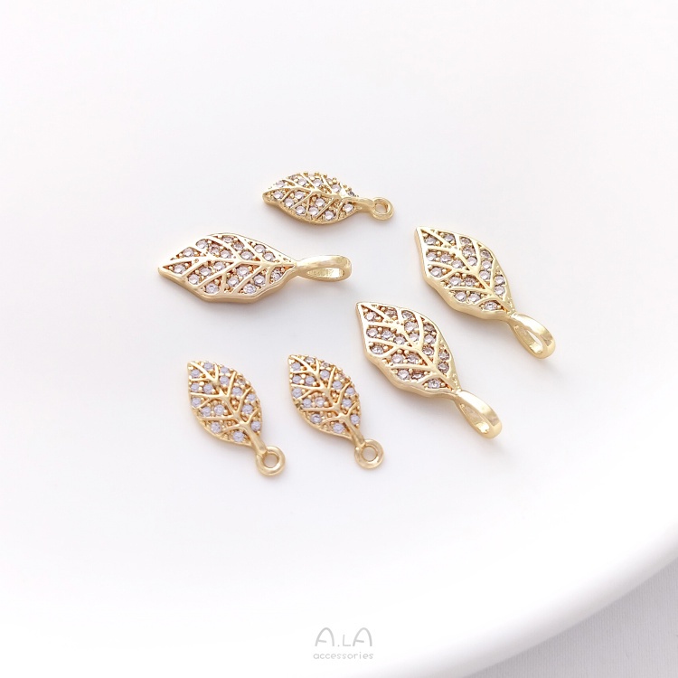 Mặt Dây Chuyền / Vòng Tay / Khuyên Tai Bằng Vàng 14K Đính Đá Zircon Hình Chiếc Lá Nhỏ diy