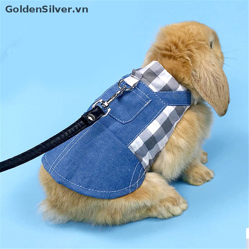 Bộ Áo Khoác Denim Không Tay + Mũ + Dây Dắt Hình Thỏ Màu Vàng Bạc Cho Thú Cưng