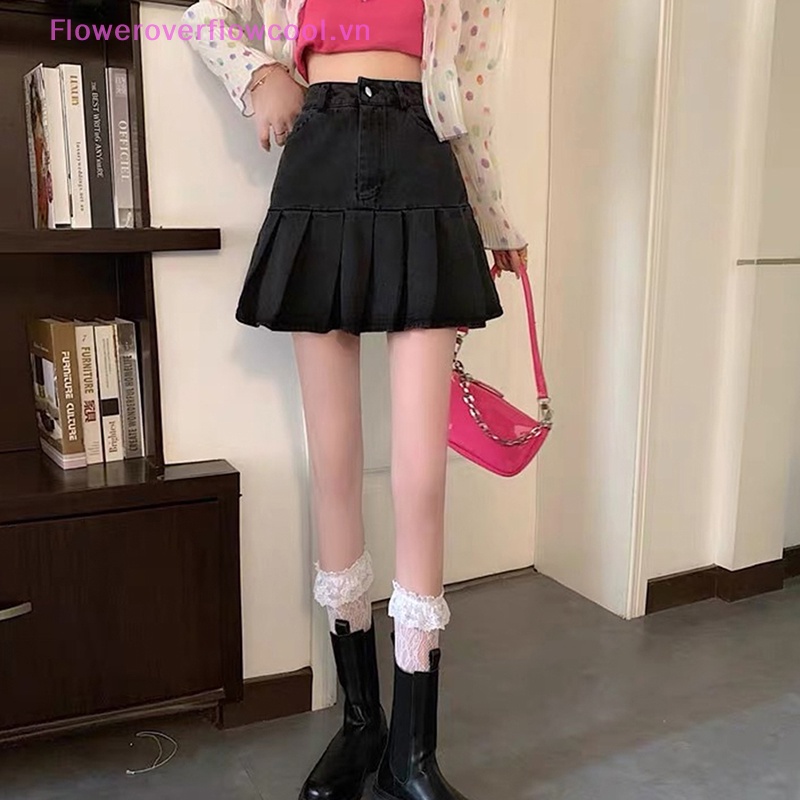 Chân Váy Jeans Chữ A Xếp Ly Lưng Cao Phong Cách Harajuku Thời Trang Mùa Hè Cho Nữ Y2K