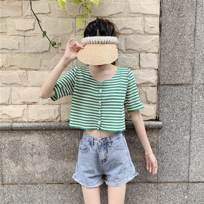 IELGY    Áo Thun Ngắn Tay Họa Tiết Sọc Ngang Thời Trang Dành Cho Nữ