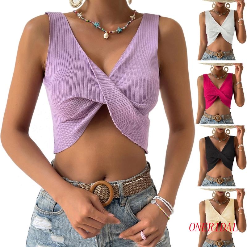 Áo Croptop Dệt Kim Màu Trơn Không Đường May Cổ Chữ V Gợi Cảm Cho Nữ