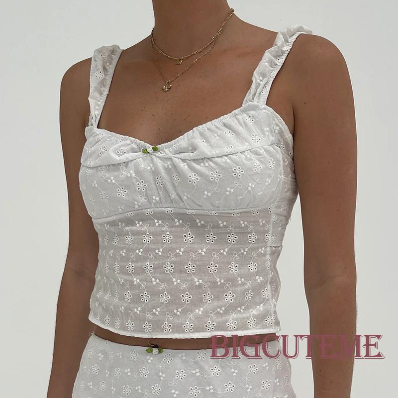 [] - Áo Crop Top Hai Dây Không Tay Hở Lưng Dáng Ôm In Hoa Màu Trắng Mùa Hè Cho Nữ