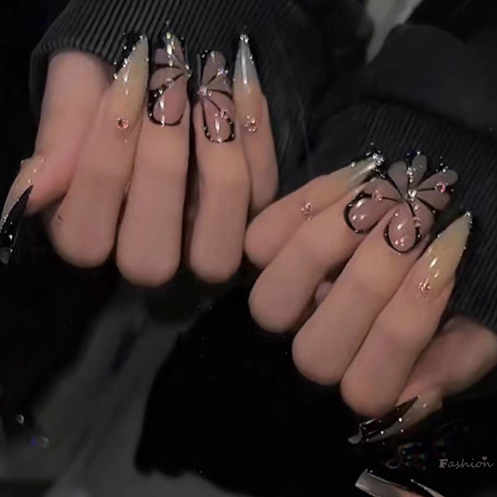 Móng Tay Giả Hình Vuông Họa Tiết Bướm Màu Tối Dễ Thương