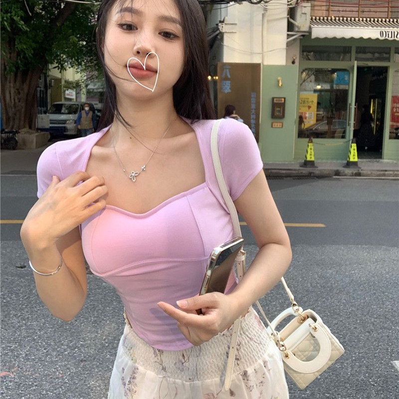 IELGY  Áo Thun Ngắn Tay Cổ Vuông Ôm Dáng Hở Vai Gợi Cảm Cho Nữ