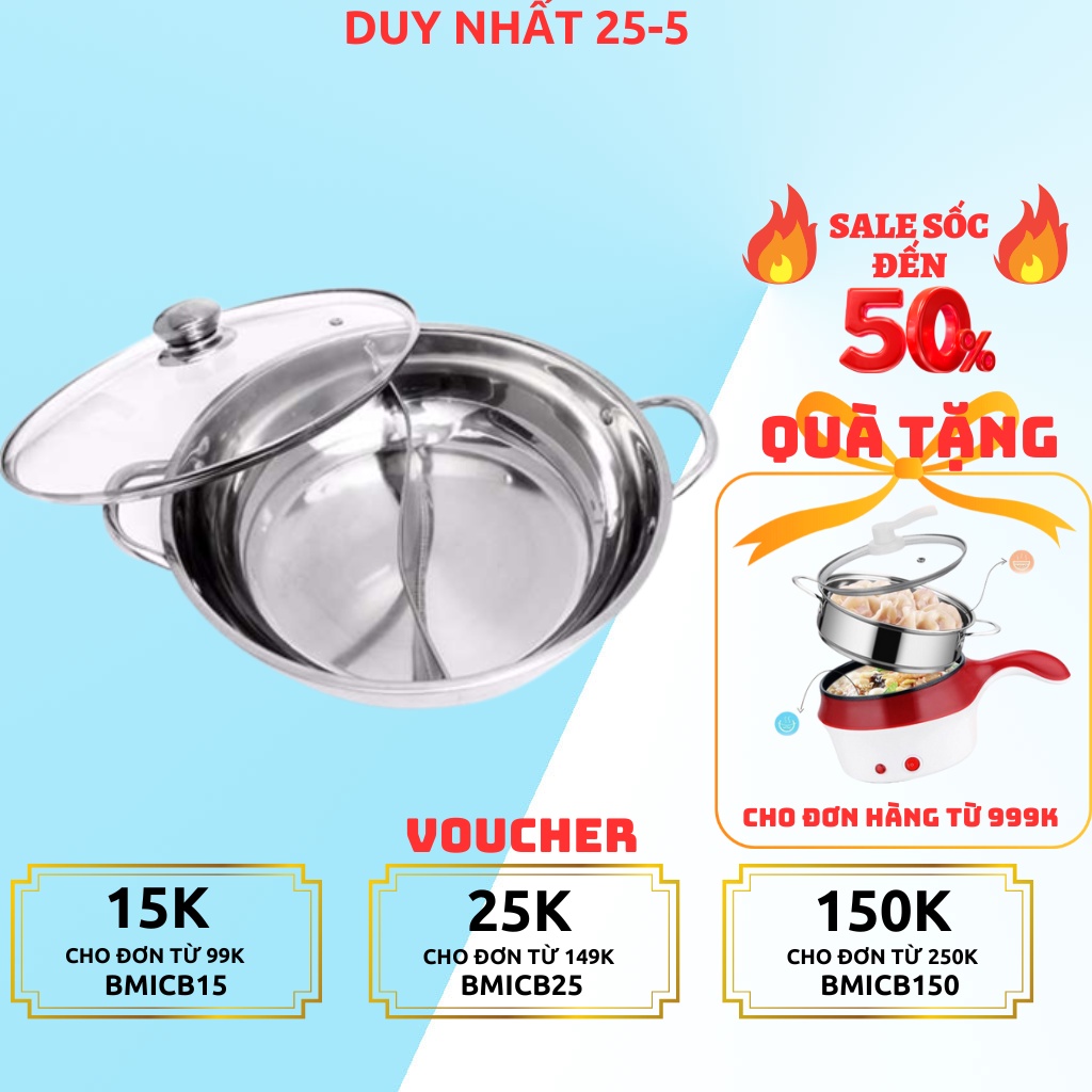 Nồi Lẩu 2 Ngăn Kích Thước 30-32cm có nắp kính Nấu Được Các Loại Bếp - FUJIKA