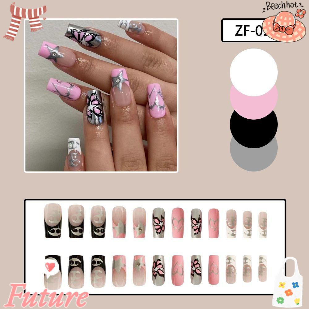 Set 24 Móng Tay Giả Có Thể Tháo Rời Màu Hồng Đen DIY