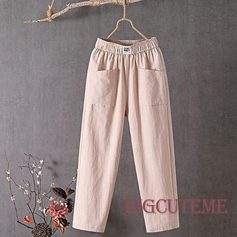 [] Quần Dài Đến Mắt Cá Chân Ống Rộng Vải Lanh Cotton Màu Trơn Lưng Thun Có Túi Dành Cho Nữ