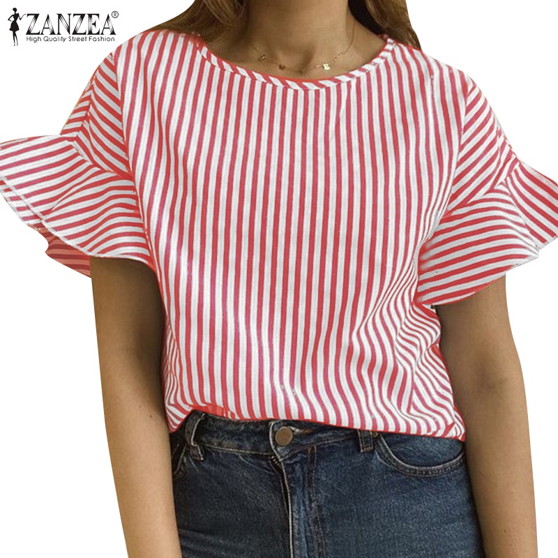 Zanzea Áo Kiểu Cổ Tròn Hở Vai Viền Bèo Họa Tiết Kẻ Sọc Thời Trang Hàn Quốc Cho Nữ