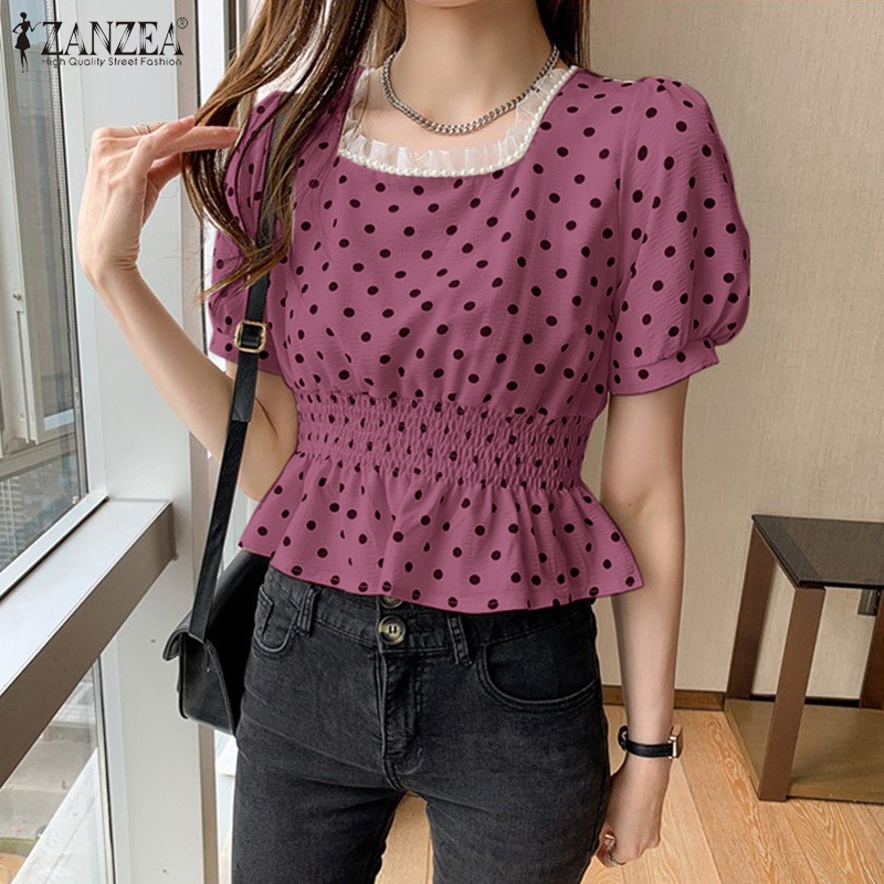 ZANZEA Áo Kiểu Cổ Vuông Tay Phồng Lưng Thun Thời Trang Hàn Quốc Cho Nữ