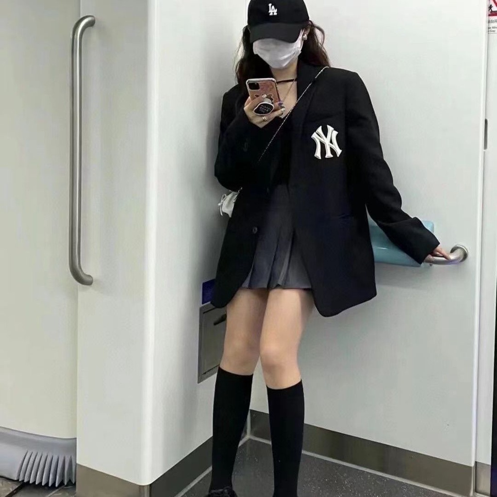 Áo Khoác Blazer Màu Trơn Thêu Logo MLB NY 100% Chính Hãng Cá Tính Cho Nam