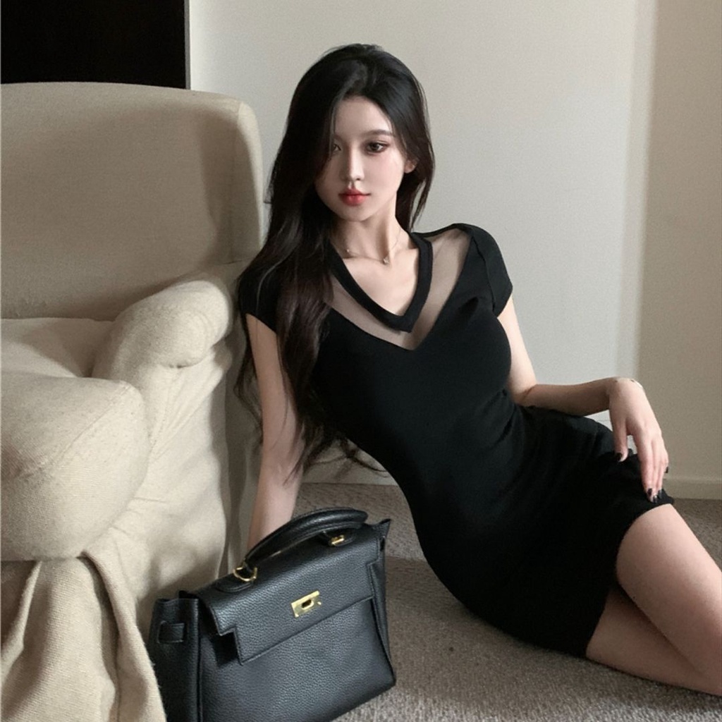 Đầm Đen Tay Lửng Cổ Chữ v Eo Cao Thời Trang Mùa Hè Cho Nữ