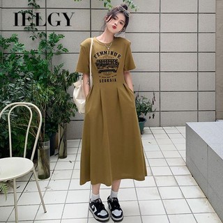 IELGY váy nữ phù hợp với eo đơn giản giảm béo Mỹ retro cộng với kích thước khí chất ngắn tay dài
