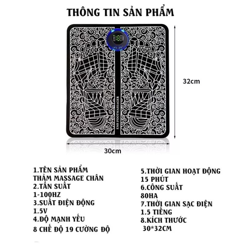 Thảm Massage Chân Xung Điện Máy mát xa chân EMS 8 chế độ, Thảm điện mát xa bàn chân thư giãn cơ bắp