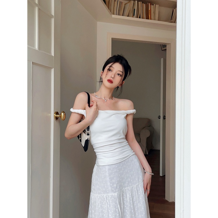 Liasynn Áo Thun Dệt Kim Trễ Vai Thắt Nút Thời Trang Mùa Hè Cho Nữ