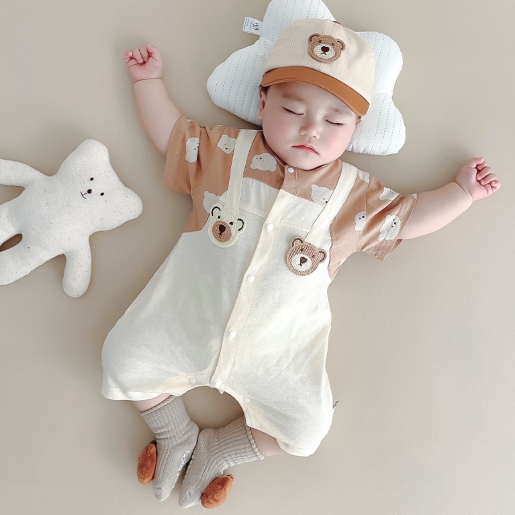 Áo Liền Quần Tay Ngắn Mỏng Thoáng Khí In Hình Gấu Dễ Thương Phong Cách Hàn Quốc Thời Trang Mùa Hè Cho Bé Trai Và Gái 0-24 Tháng Tuổi