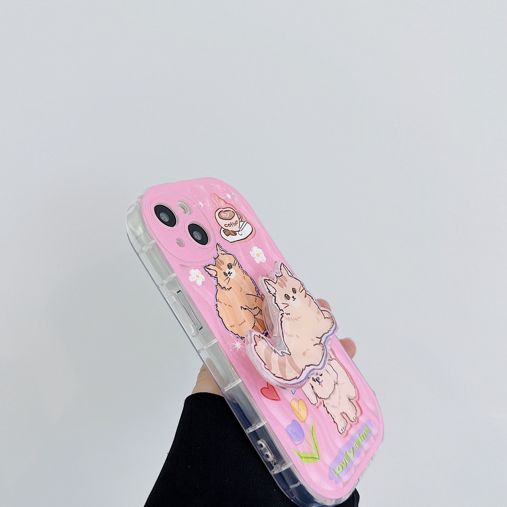 Ốp Điện Thoại TPU Dẻo Trong Suốt Họa Tiết Hoạt Hình Chó Mèo Kèm Giá Đỡ Cho iPhone 13 12 11 Pro Max 14 Plus